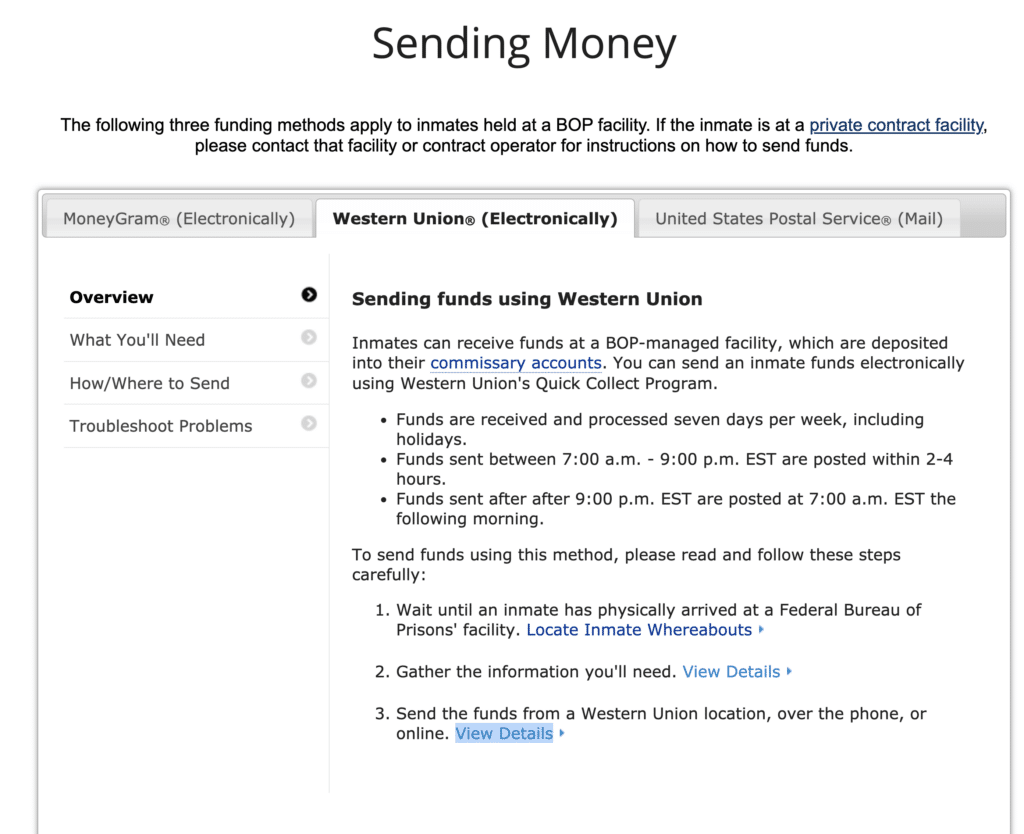 Western union send money deals to inmates